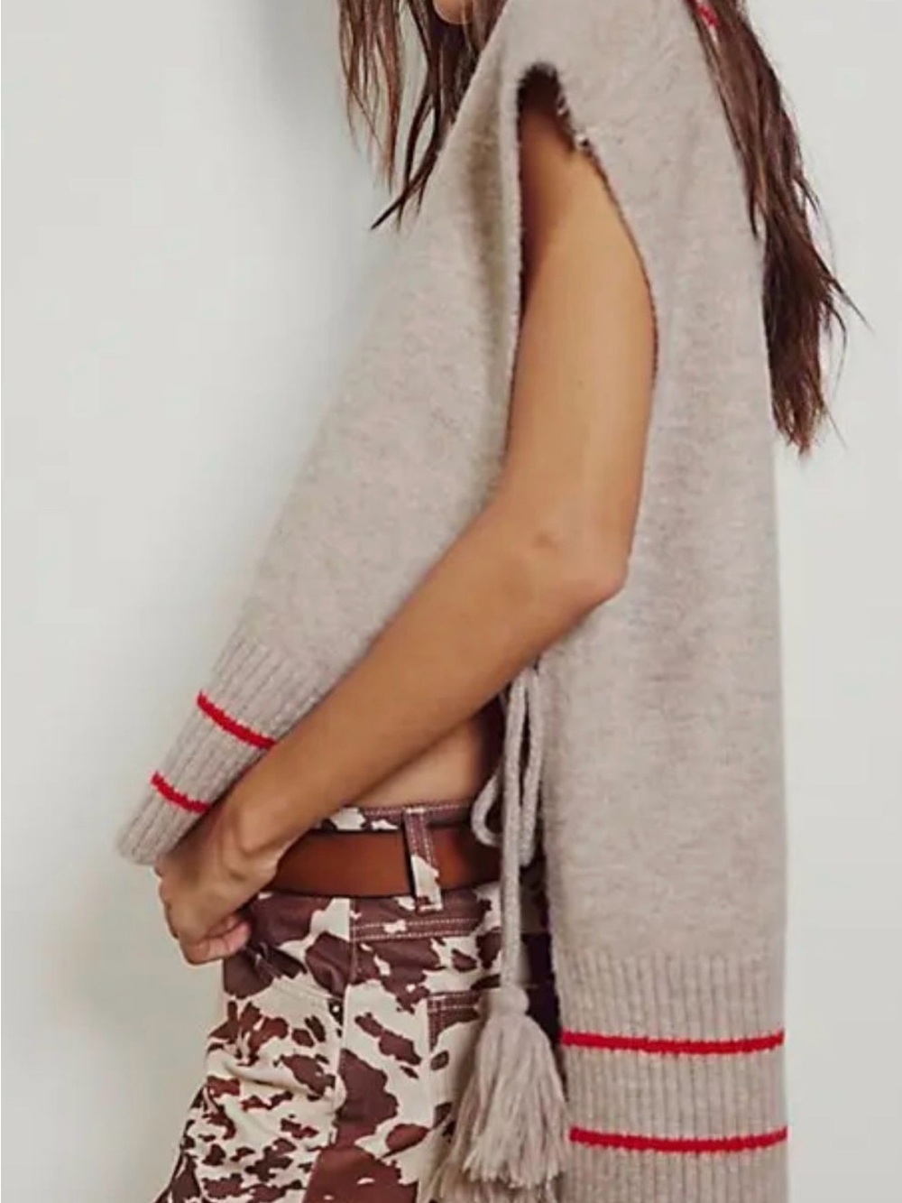 Free People All Star Stripe Poncho Tan W/Red Stripe One Size NWOT